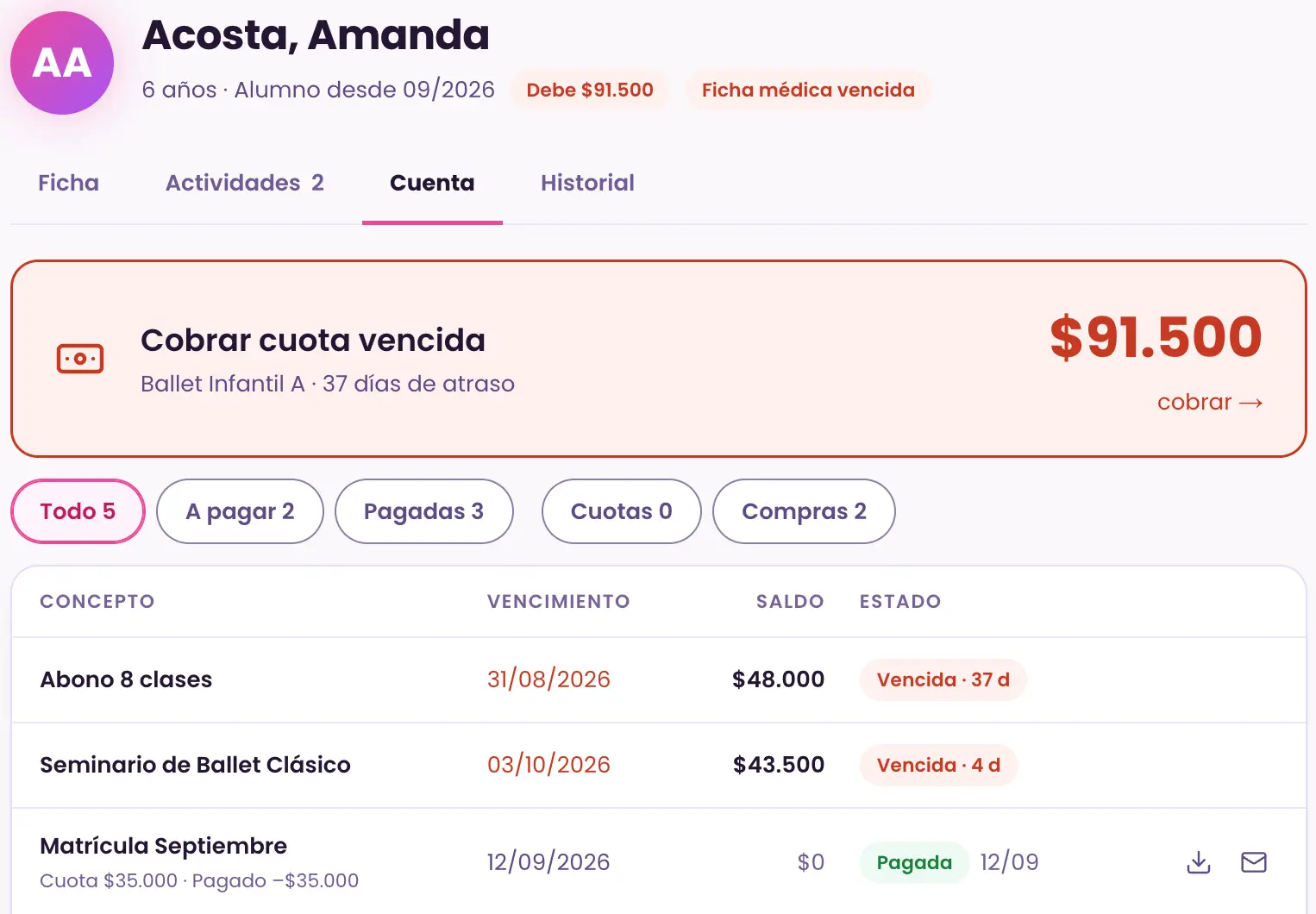Ficha de alumno: cuenta corriente, cuotas abonadas y pendientes con emisión de recibo en PDF.